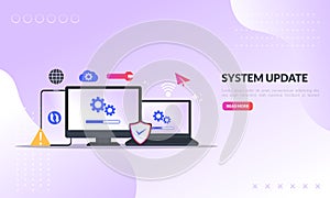 System Update Improvement Change New Version software. Installing update process, upgrade program, data network installation, flat