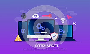 System Update Improvement Change New Version software. Installing update process, upgrade program, data network installation, flat