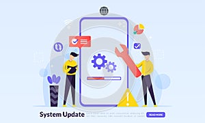 System Update Improvement Change New Version software. Installing update process, upgrade program, data network installation, flat