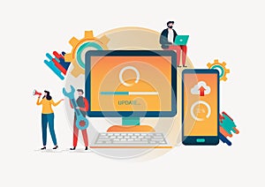 System update. People update operation. Computing, installation program. Flat vector illustration modern character design.