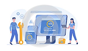System Update. Programmers upgrading operation system, software, programs, applications. Data synchronize process. Vector