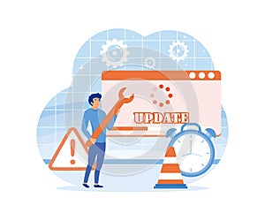 System Update. Tiny programmers upgrading operating system. IT specialists updating software, programs service.