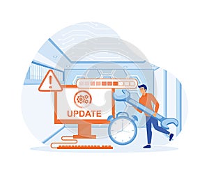 System Update. Tiny programmers upgrading operating system.