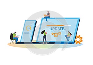 System updates with people updating operation in computing and installation programs. Flat vector illustration modern character
