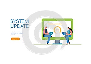 System updates with people updating operation in computing and installation programs. Flat vector illustration modern character