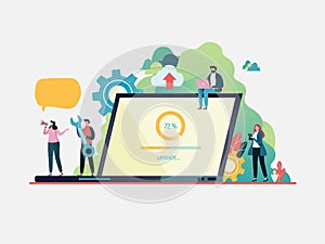 System updates with people updating operation in computing and installation programs. system maintenance. Flat vector illustration