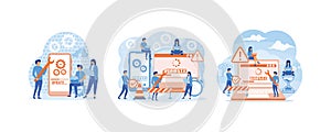 System updates with people updating operation in computing and installation programs. Tiny programmers upgrading operating system