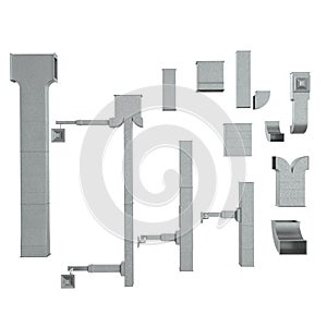 System of ventilating pipes elements set on white. 3D illustration