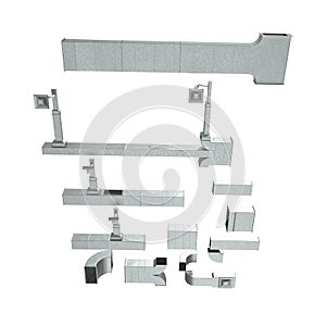 System of ventilating pipes elements set on white. 3D illustration