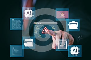 System warning alert on virtual interface with hand interaction. Concept of cybersecurity risk, data breach, malware, hacking, IT
