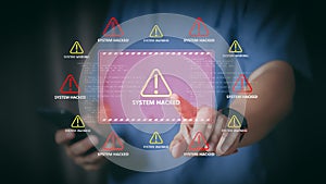 System warning alert on virtual interface with hand interaction. Concept of cybersecurity risk, data breach, malware, hacking, IT