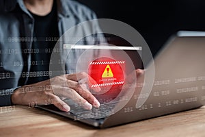 System warning caution sign on smartphone, scam virus attack on firewall for notification error and maintenance. Network security