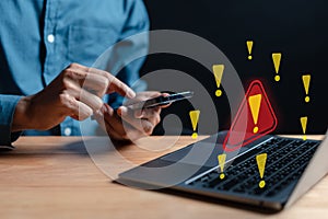 System warning hacked alert, cyber attack on computer network. Cybersecurity vulnerability, data breach, illegal connection,