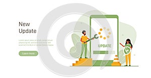 System or web application upgrade procedure. Concept of software version update or renewal process indication. Man and