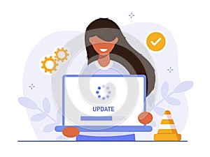 System or web application upgrade procedure. Concept of software version update or renewal process indication. Woman and