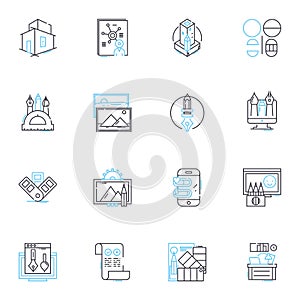 Systematic analysis linear icons set. Methodical, Rigorous, Comprehensive, Thorough, Consistent, Accurate, Scientific