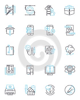Systematic analysis linear icons set. Methodical, Rigorous, Comprehensive, Thorough, Consistent, Accurate, Scientific