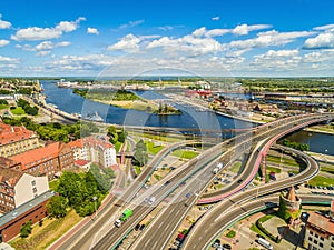 Szczecin aerial view. Urban landscape with the Odra River and the Åabuda Bridge and the Grodzka Island.