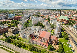 Szczecin cityscape with aerial view of the cathedral with its visible basilica.
