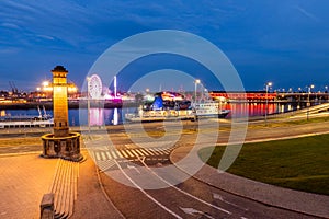 Szczecin, Night view of the boulevards on the Odra River, Poland, West Pomeranian Voivodeship