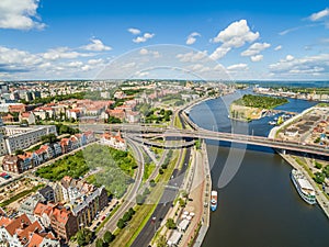 Szczecin with the Oder River seen from the bird`s eye view. Szczecin Landscape with Piastowski Bulwark, castle route and the Oder