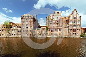 Szczecin. Old abandoned factories on the bank of the Odra river in the old part of town