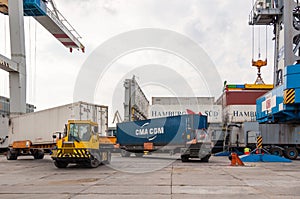 Unloading a container ship in Stetting sea port, Poland