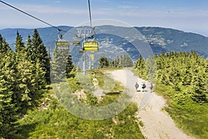 SZCZYRK, POLAND - JULY 4, 2015 : Yellow cable car on Skrzyczne m