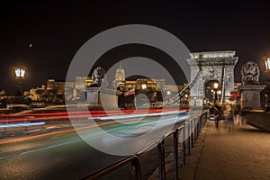 Szechenyi Chain Bridge on the Danube river at night. Budapest, Hungary