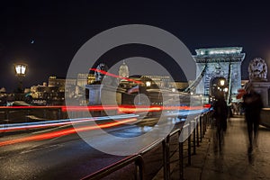 Szechenyi Chain Bridge on the Danube river at night. Budapest, Hungary