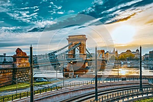 Szechenyi Chain Bridge at morning time. Budapest, Hungary