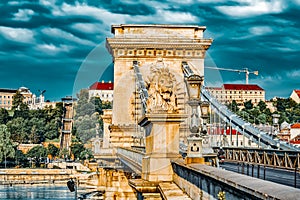 Szechenyi Chain Bridge at morning time. Budapest, Hungary