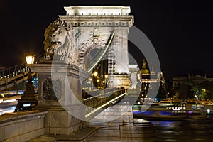 Szechenyi Chain Bridge at night in the city of Budapest, Hungary