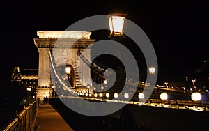 Szechenyi Chain Bridge, night scene with the Pest-side Tower, Budapest, Hungary