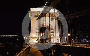 Szechenyi Chain Bridge, night scene with the Pest-side Tower, Budapest, Hungary