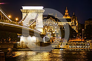 Szechenyi Chain Bridge night view Budapest, Hungary