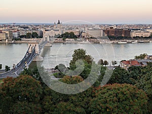 The Szechenyi Chain Bridge over the River Danube between Buda and Pest in Budapest