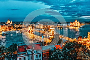 Szechenyi Chain Bridge and Parliament at dusk from Fisherman Bastion. Budapest, Hungary