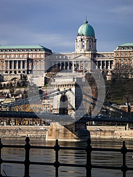 Szechenyi Chain Bridge spanning River Danube between Buda and Pest with Buda Castle on background