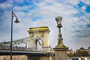 Szechenyi lanchid, Chain Bridge in Budapest, Hungary. There are blue sky in the background