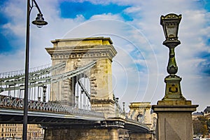 Szechenyi lanchid, Chain Bridge in Budapest, Hungary. There are blue sky in the background