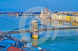 Szechenyi and Margaret Bridges across Danube, Budapest, Hungary