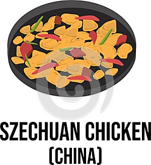 Szechuan Chicken chinese food. Asian traditional food elements in cartoon flat style isolated on white background