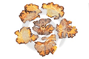 Szechuan lovage, Selenium or Ligusticum striatum,dried slice isolated on white background.top view,flat lay