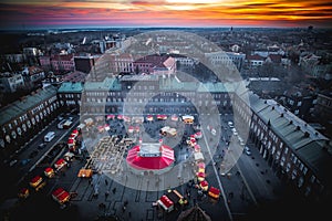 Szeged Advent Christmas Market aerial view panorama at sunset