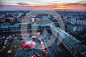 Szeged Advent Christmas Market aerial view at sunset