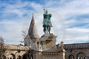 szent Istvan Saint Stephen statue in the fisherman bastion in Budapest Hungary