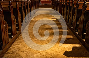 Szent Miklos Patterned Wood Floor and Pews at Dusk