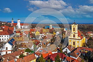 Szentendre, hungary - Aerial view of the city of Szentendre on a sunny day with Belgrade Serbian Orthodox Cathedral