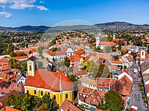 Szentendre, Hungary - Aerial view of Saint Peter and Paul Church on a sunny day with Saint John the Baptist\'s Parish Church